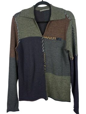 Class Roberto Cavalli Virgin Wool Colorblock Sweater with Leather Whipstitch